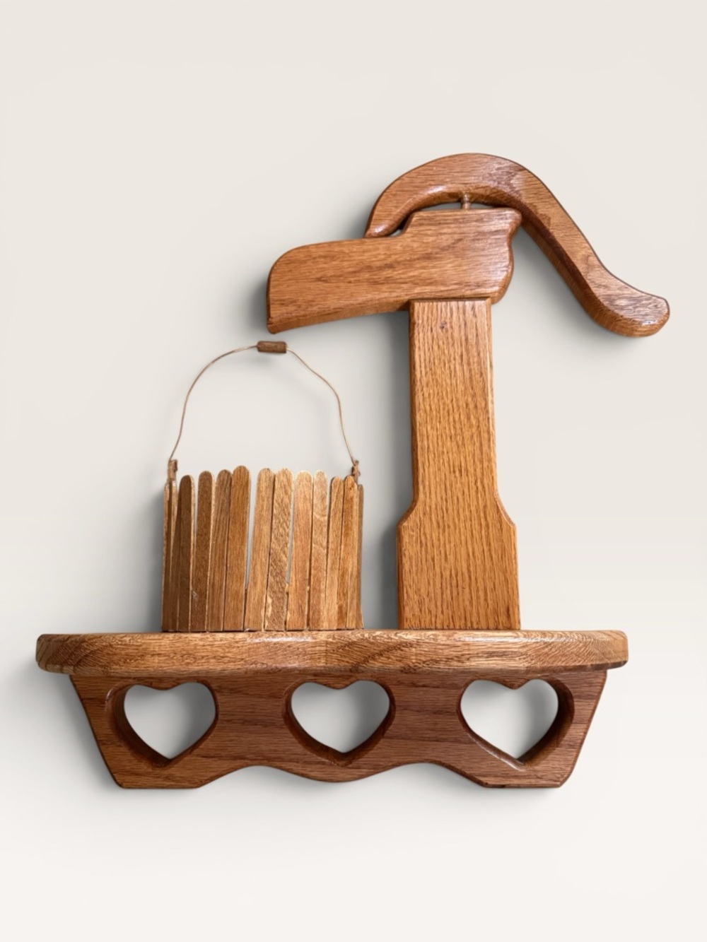 Vintage Handcrafted Wall Shelf w/Decorative Country-Style Water Pump & Bucket